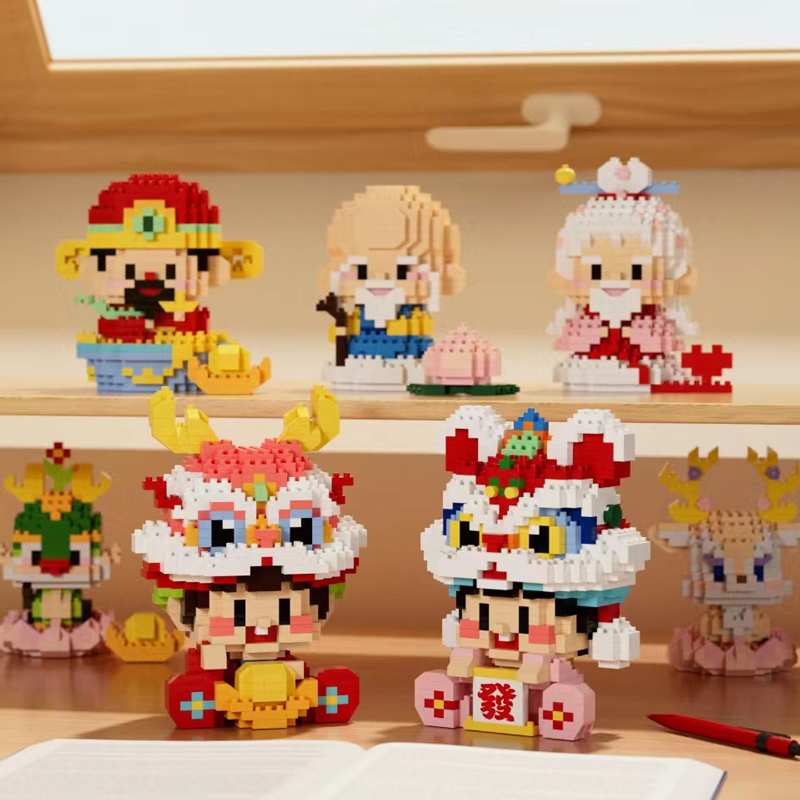 潮乐创国潮积木公仔祥龙年醒狮中国春节玩具生日儿童拼图新年礼物