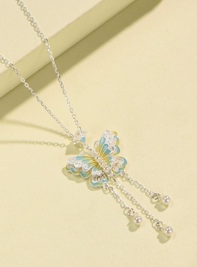 晚舟足银990珐琅花丝蝴蝶项链