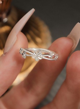 晚舟足银999花朵戒指女