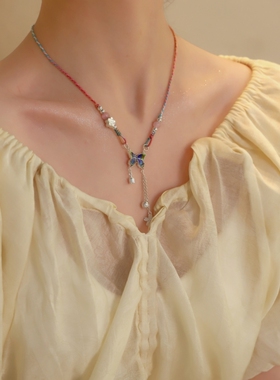 晚舟足银990铃兰花蝴蝶流苏项链