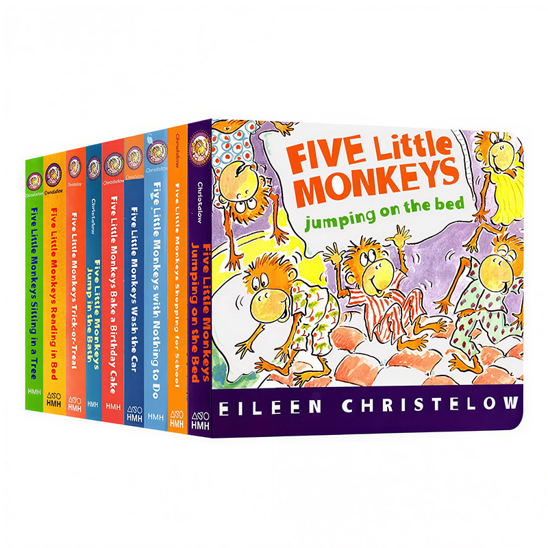 五只小猴子系列9册英文原版绘本 five little monkeys jumping on the bed在床上蹦蹦跳/洗汽车/做蛋糕等睡前故事纸板书廖彩杏书单