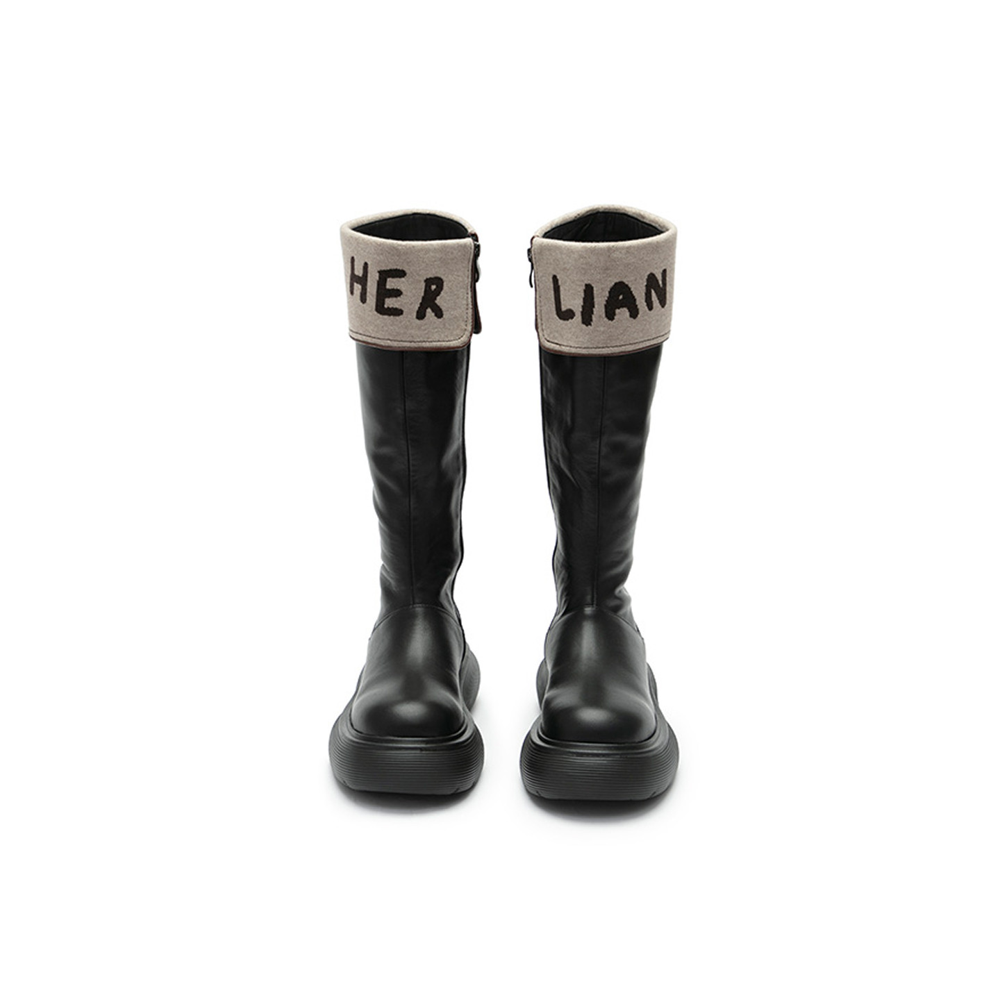 【孟子义同款】HERLIAN 翻边logo时尚高筒厚底雪地靴黑色长靴女,淘宝优惠券,粉丝福利购,淘宝优惠卷