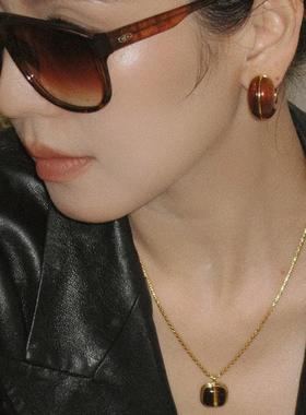 mfow虎眼石金属方形吊坠项链