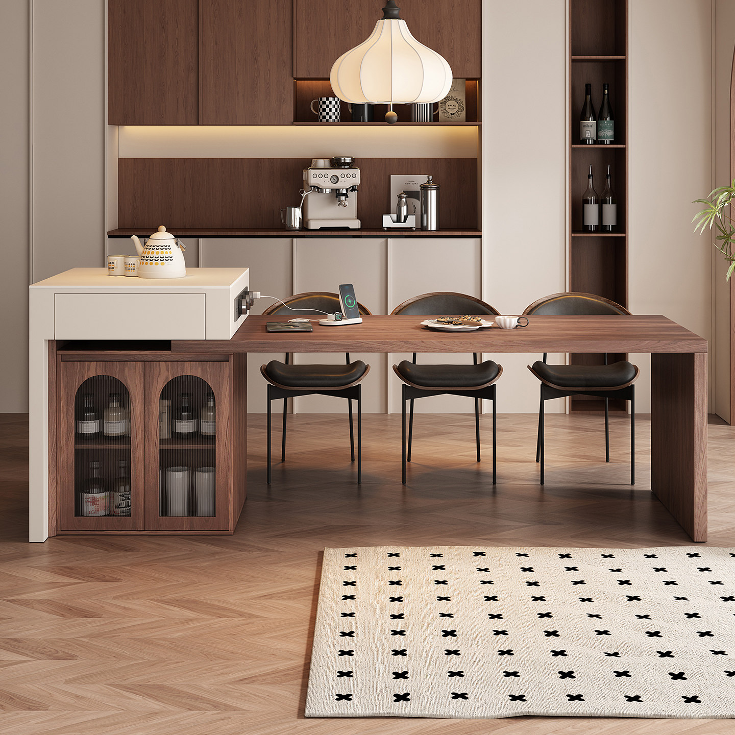 意式岛台餐桌一体家用可伸缩岩板高级胡桃实木餐厅多功能带泡茶导,淘宝优惠券,粉丝福利购,淘宝优惠卷