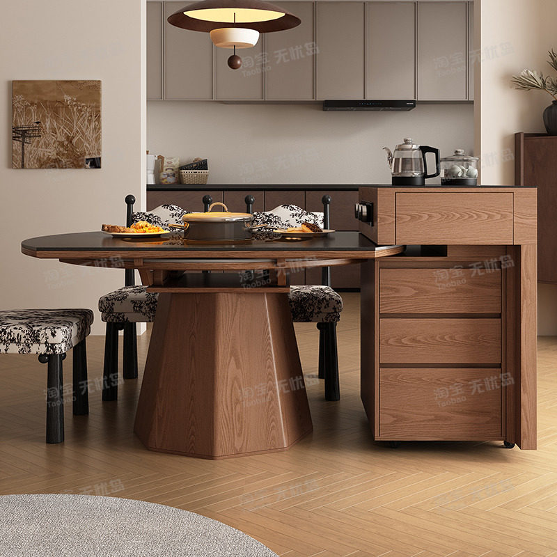 岛台餐桌带暖菜多功能岛台茶桌一体可分离伸缩内嵌电磁炉转盘饭桌,淘宝优惠券,粉丝福利购,淘宝优惠卷