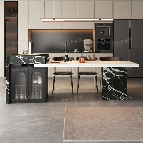 无忧岛宝格黑丽岩板岛台餐桌一体意式高级导台可伸缩定制储物倒台 - 图2