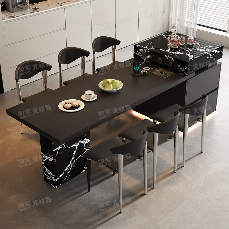 意式极简宝格高端丽黑岛台餐桌一体可伸缩高级感岩板倒厨房中导台,淘宝优惠券,粉丝福利购,淘宝优惠卷