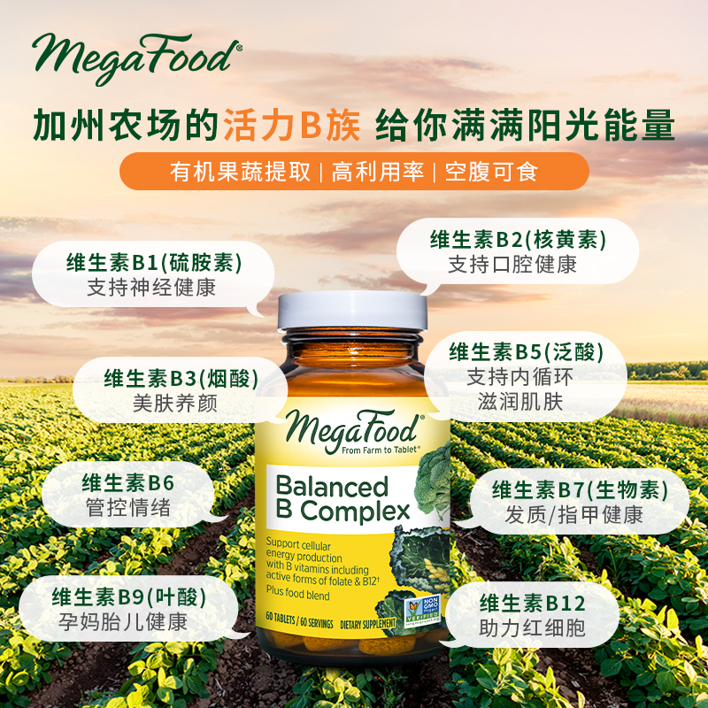 MegaFood复合维生素b族成人男女性补维B叶酸b6/b12乌黑发进口营养 - 图0