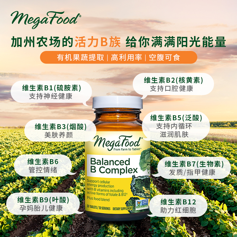 MegaFood维B成人b族复合维生素vb补充能力精力/b1/b2/b6/b12 30片 - 图0