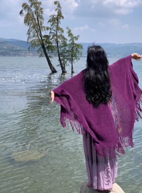 【紫萱】民族风流苏镂空开衩披肩女外搭紫色百搭旅游拍照披肩斗篷