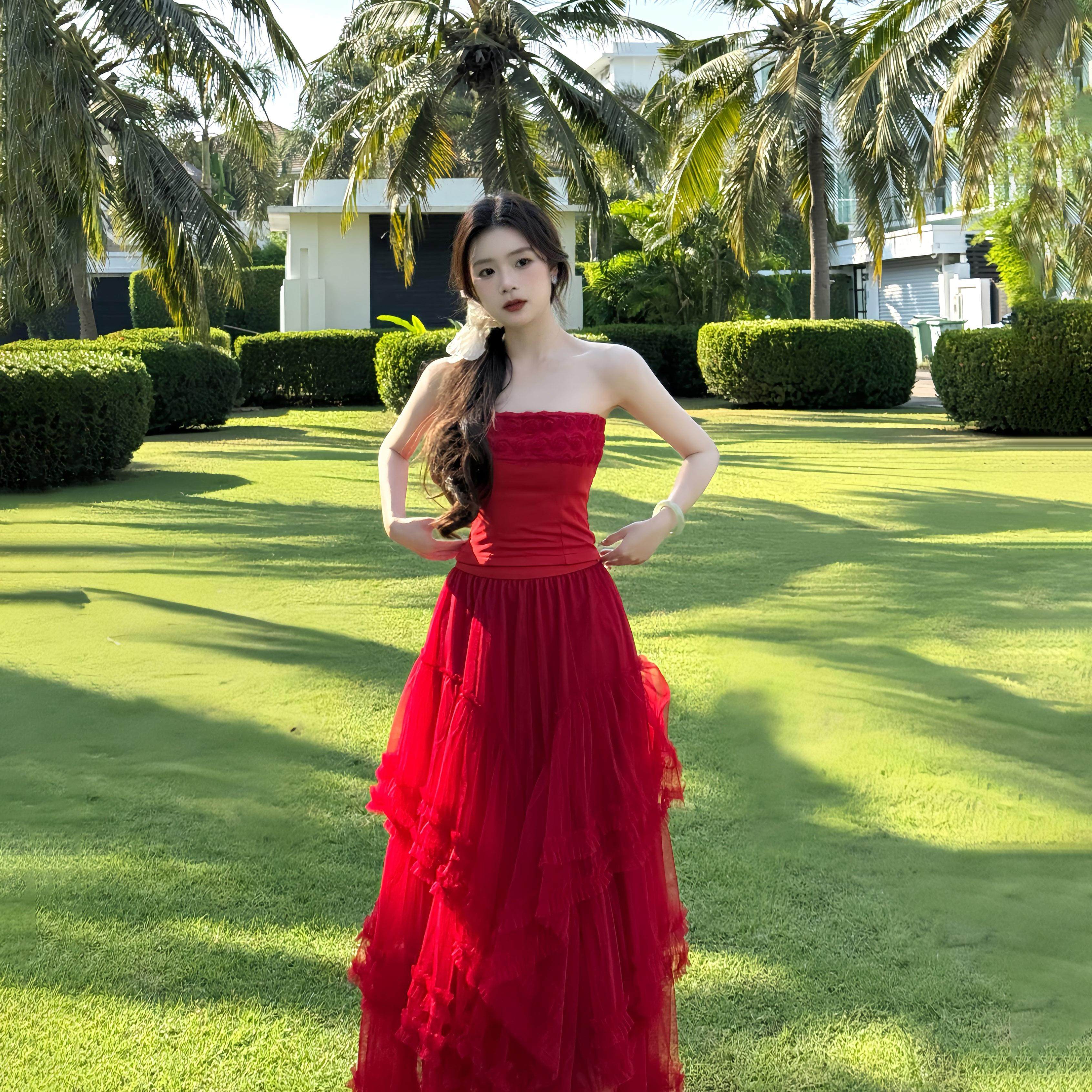 法式复古红色半身裙抹胸女夏季海边度假吊带裙蕾丝,淘宝优惠券,粉丝福利购,淘宝优惠卷