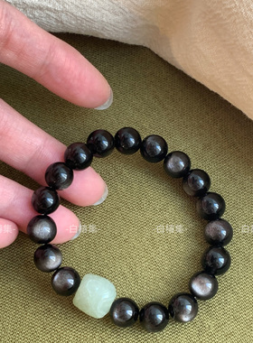 「玄璧」新中式黑曜石和田玉醒狮手串国潮复古老钱风个性串珠手链