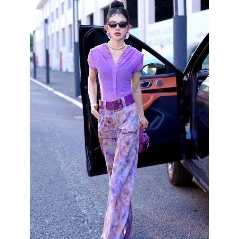 紫色连帽短袖t恤女2025新款夏季休闲洋气时尚减龄套装印花阔腿裤,淘宝优惠券,粉丝福利购,淘宝优惠卷