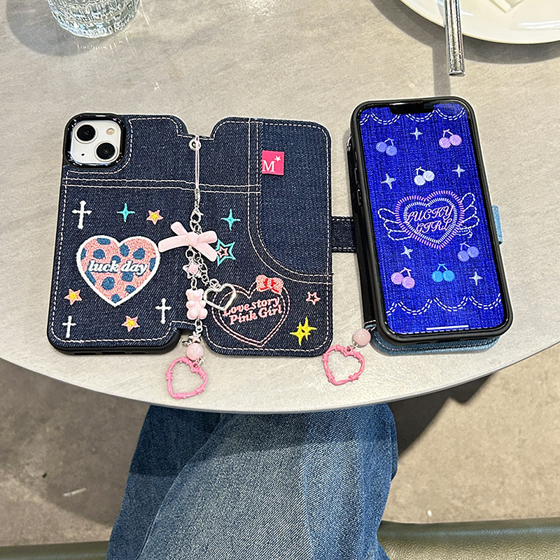 港风刺绣翻盖牛仔适用苹果17promax手机壳iphone13女款16pro新款12保护套11防摔14软壳15pro硅胶小众创意少女,淘宝优惠券,粉丝福利购,淘宝优惠卷