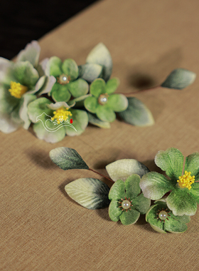 绿色绒布花汉服后压发饰侧边发夹