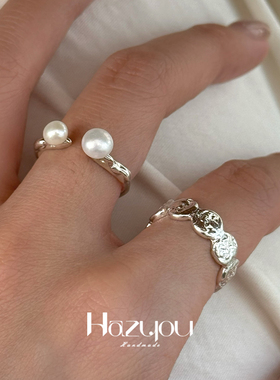 Hazyou原创小众设计S925/S990银树枝天然珍珠手工戒指组合女开口