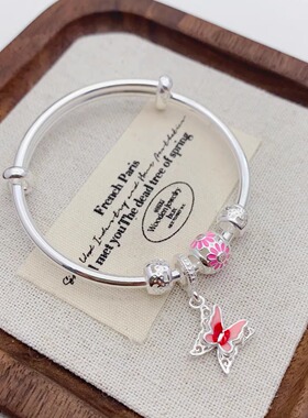 香港正生9999纯银中童粉色蝴蝶吊珐琅实心学生可爱送礼足银手镯