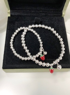 香港正生纯银S925纯银光珠草莓铃铛亲子款手链时尚创意DIY银手串