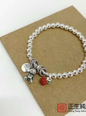 925纯银光珠手链DIY手工女款复古风lucky牌小熊手串银饰品