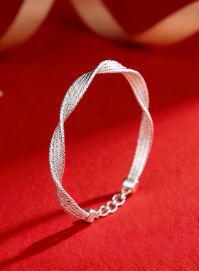 香港正生99足银莫比乌斯环手镯闪亮扭带编织银手链小众轻奢送女友