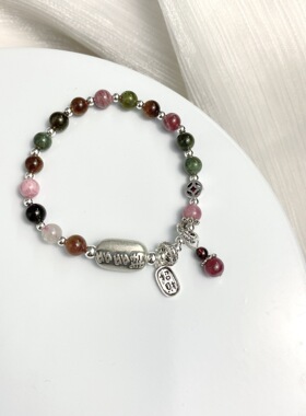 香港正生纯银S925纯银韩版ins招财纳福手链女 银珠子碧玺手串饰品