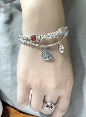 香港正生纯银S925纯银韩版复古ins木马手链女DIY创意双圈设计光珠