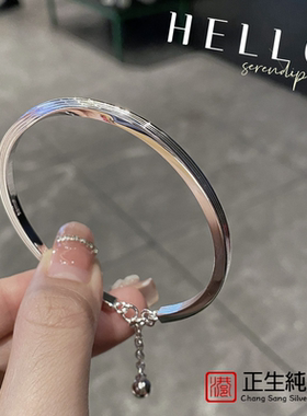香港正生足银999手镯纯银开口半光半拉丝方棍银手镯女款民族风