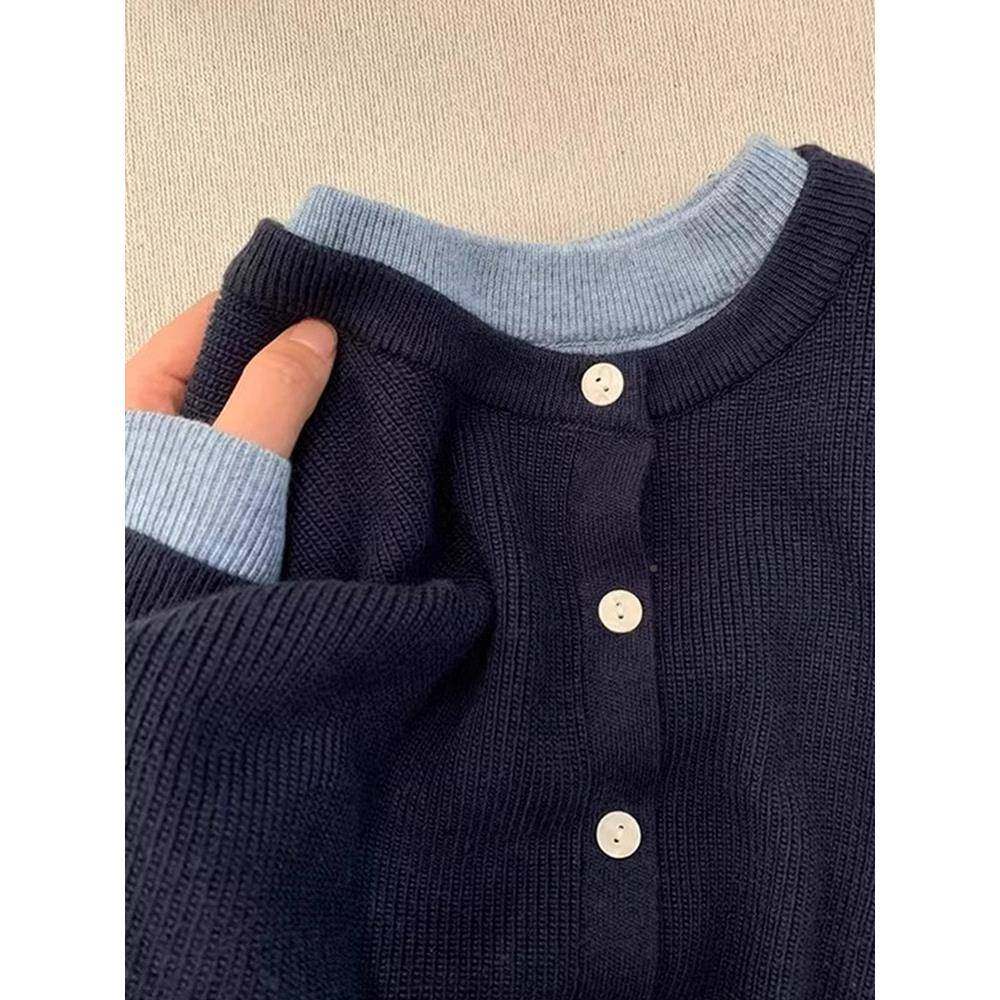 高级假两件圆领针织衫女26960松秋冬懒风宽感毛衣慵开衫外套设计,淘宝优惠券,粉丝福利购,淘宝优惠卷