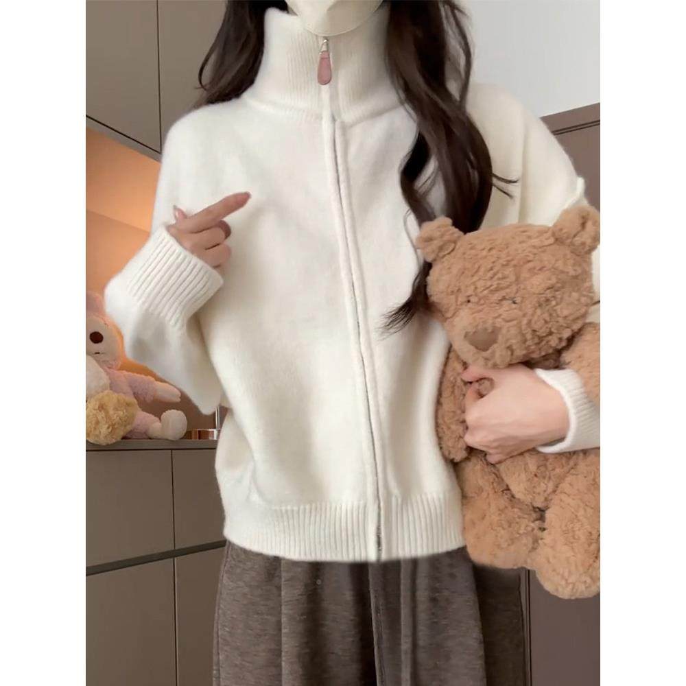 慵懒风白色高领毛衣外套女025新款搭秋季2穿高级感拉链开CAM46843,淘宝优惠券,粉丝福利购,淘宝优惠卷