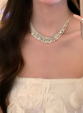 名媛私藏~轻奢银色满钻项链女款时尚宴会千金礼服颈链配饰锁骨链