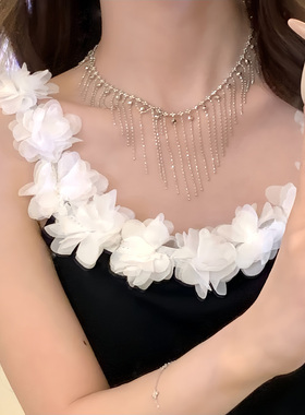 散落人间~轻奢时尚银色闪钻流苏choker项链女小众设计感颈链配饰