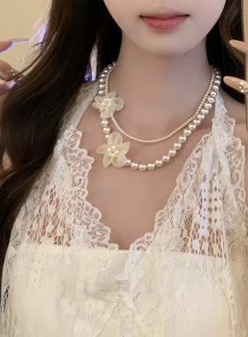 初恋女友~法式小香花朵珍珠项链双层温柔气质锁骨链叠戴颈链配饰