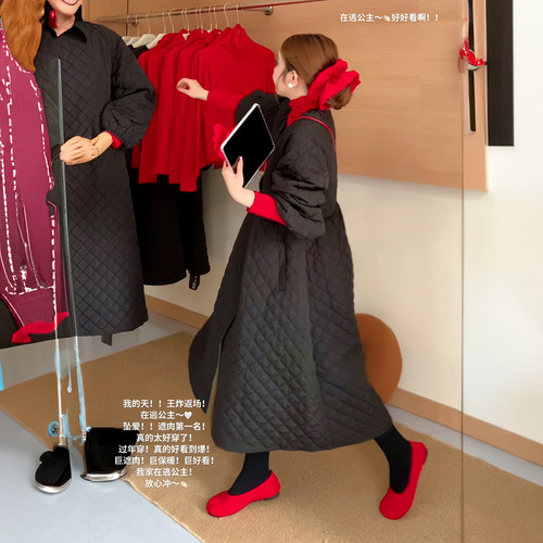 韩系菱格气质收腰夹棉连衣裙女冬季新款小众加厚保暖棉服裙子大衣 - 图2