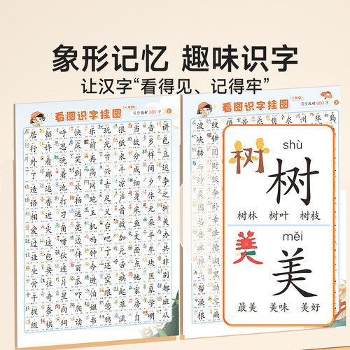 【时光学】看图识字挂图 小学生一二年级语文上册下册生字表认字学习挂图儿童宝宝看图识字幼儿园小孩启蒙早教汉字表学习神器墙贴 - 图0