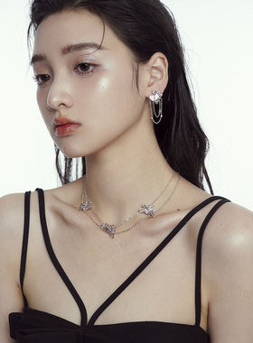 告白日浅粉锆石蝴蝶结双层流苏