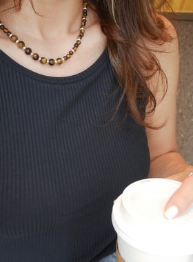 T.W新款925纯银极简设计欧美渐变虎眼石串珠小众新潮设计感项链