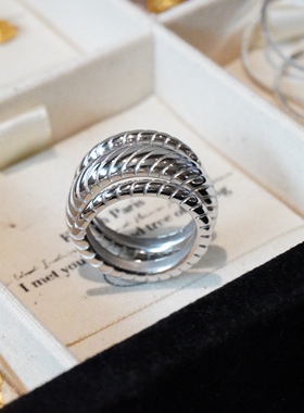 韩国maman同款小众ins通体925银不掉色复古个性夸张多层螺纹戒指