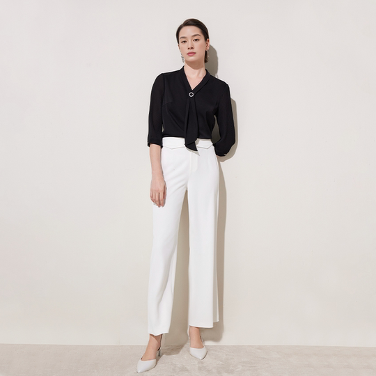 Yingzhishang shirt summer new style women's high-end acetic acid light luxury French V-neck streamer shirt temperament top