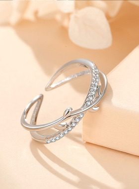橄榄叶枝芽戒指纯银清新开口可调