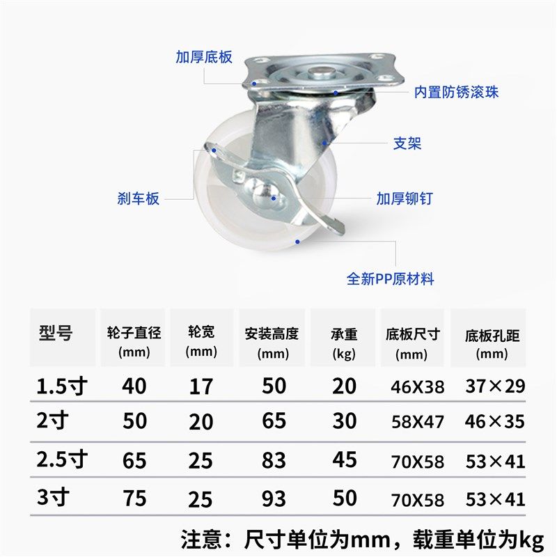 轻型1.522.53寸平底白pp尼龙轮子家具衣柜万象带刹车脚轮,淘宝优惠券,粉丝福利购,淘宝优惠卷