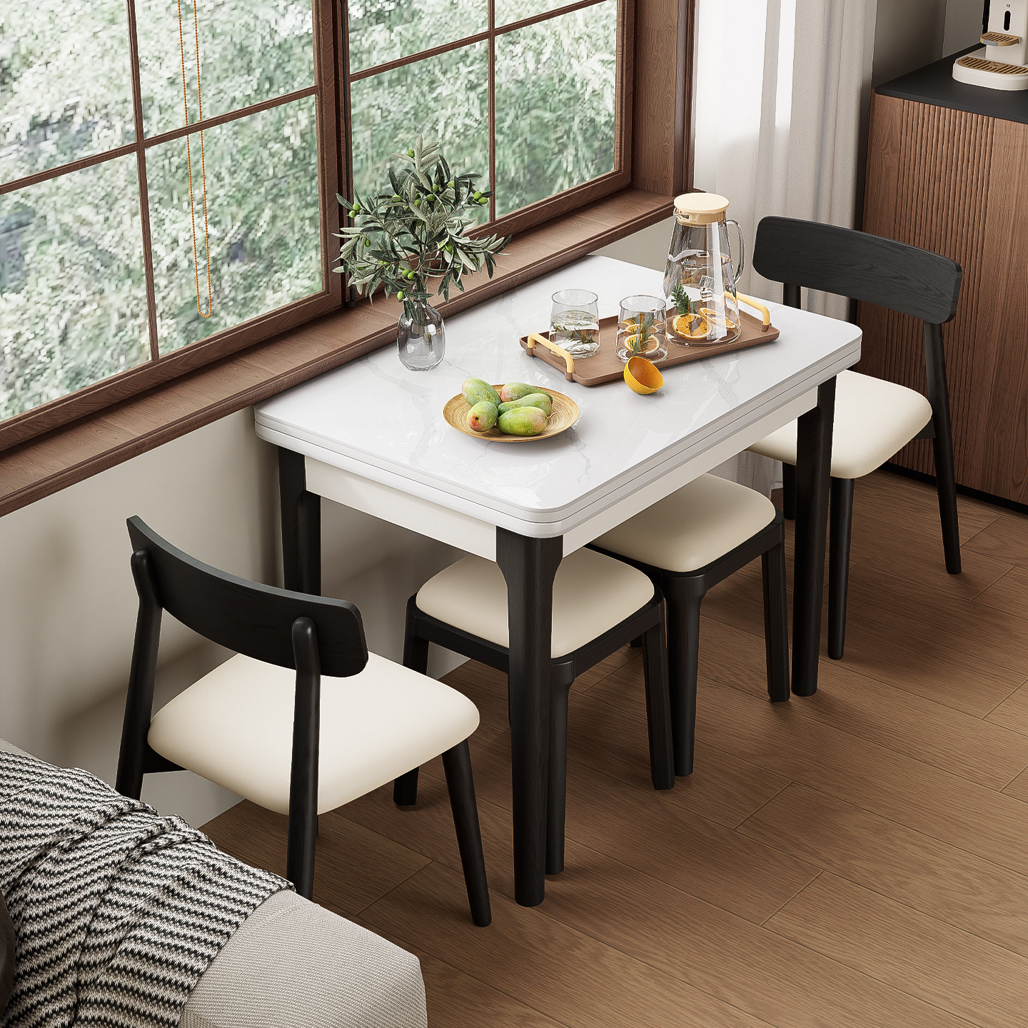 现代简约岩板家用实木餐桌椅组合小户型折叠多功能靠墙方形复古桌,淘宝优惠券,粉丝福利购,淘宝优惠卷