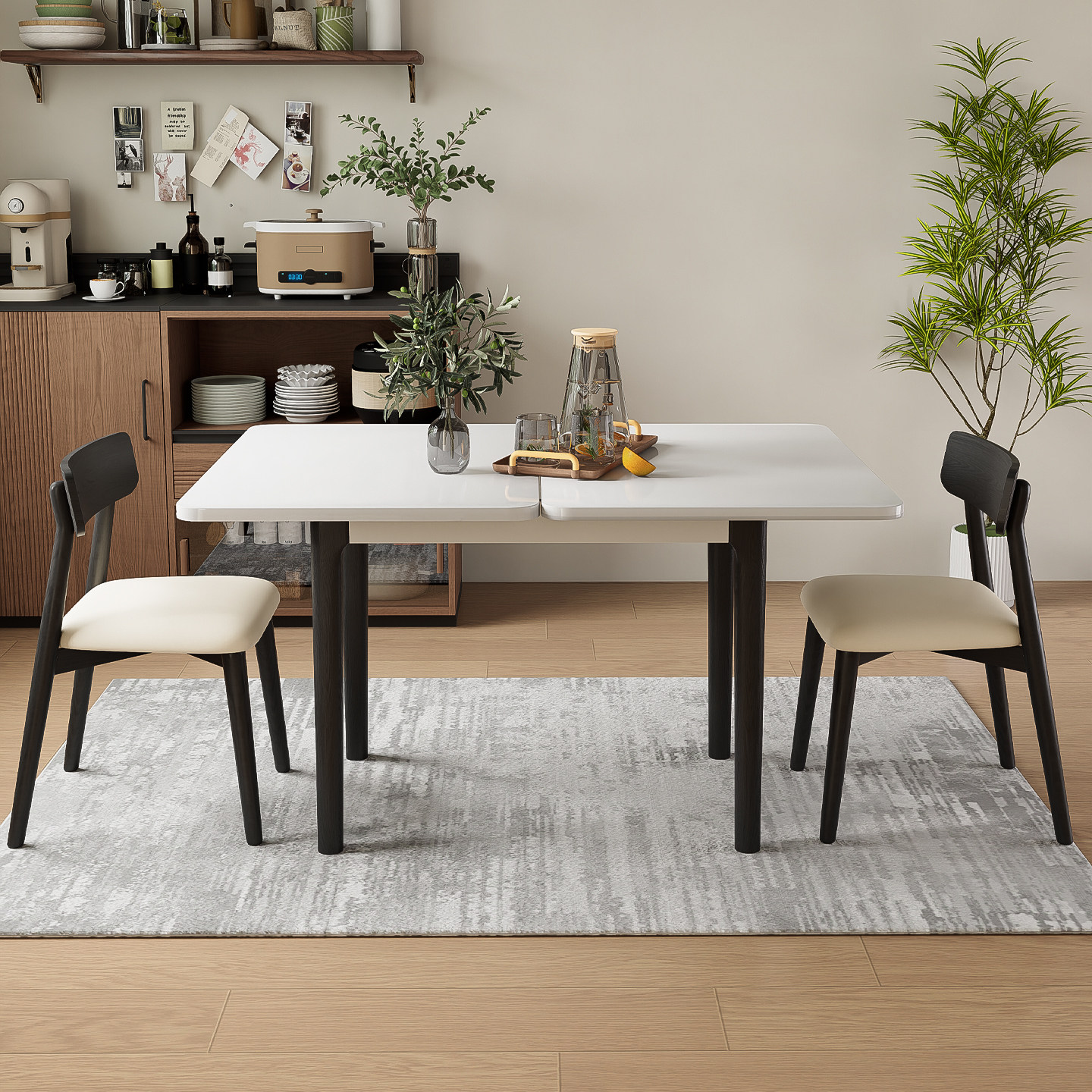 现代简约岩板家用实木餐桌椅组合小户型折叠多功能靠墙方形复古桌,淘宝优惠券,粉丝福利购,淘宝优惠卷