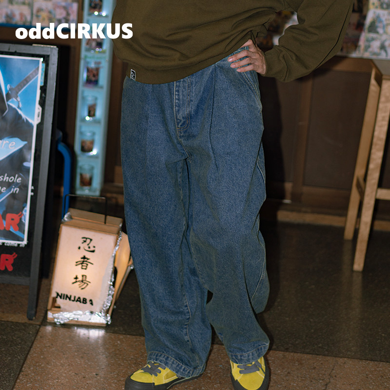 oddCIRKUS牛仔裤 日系复古宽松水洗蓝牛仔裤男女同款美式街头长裤,淘宝优惠券,粉丝福利购,淘宝优惠卷