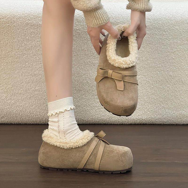 绒面拼接细蝴蝶结毛绒勃肯鞋女2026加绒保暖厚底内增高一脚蹬单鞋,淘宝优惠券,粉丝福利购,淘宝优惠卷