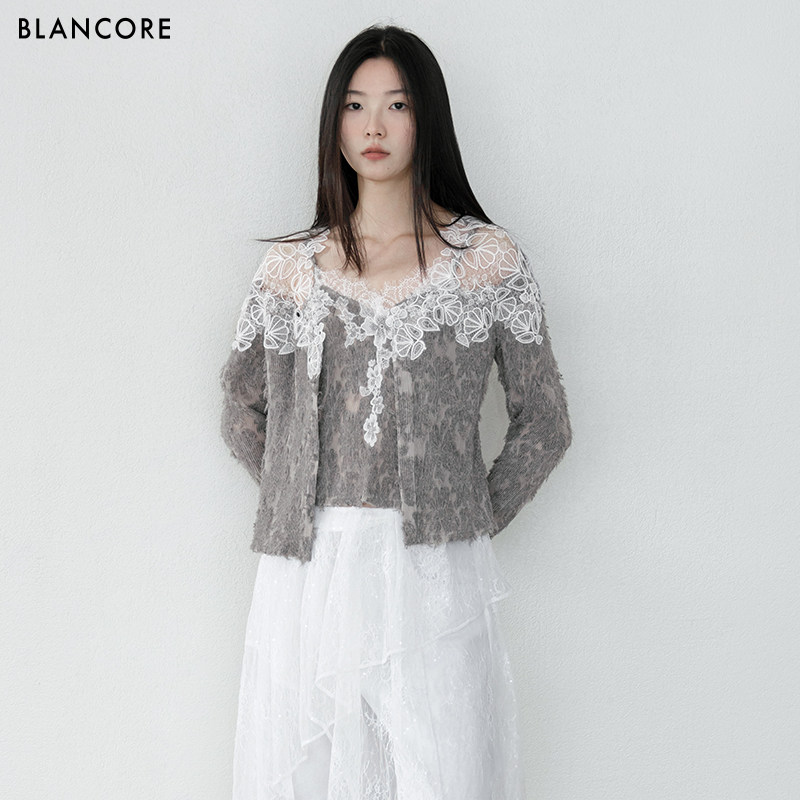 【设计师品牌BLANCORE】2025秋季新款miu系穿搭蕾丝镂空外搭开衫