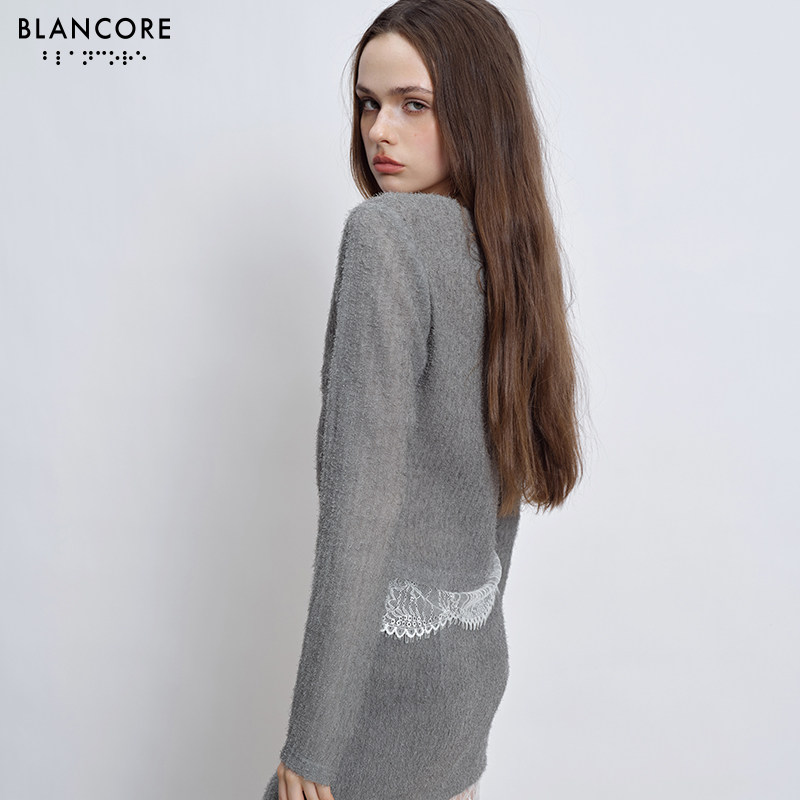 【明星同款BLANCORE】V领镂空蕾丝拼接假两件针织衫开衫上衣女,淘宝优惠券,粉丝福利购,淘宝优惠卷