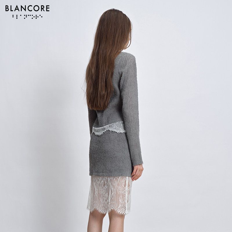 【明星同款BLANCORE】V领镂空蕾丝拼接假两件针织衫开衫上衣女,淘宝优惠券,粉丝福利购,淘宝优惠卷