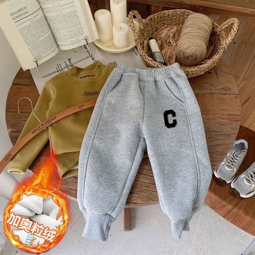 男童加绒裤子秋冬款2025运动裤中小童新款冬装休闲长裤宝宝裤厚款 - 图1