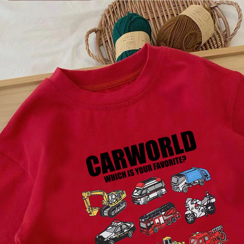 男童纯棉打底衫新年红色长袖T恤男宝汽车衣服宽松韩版假两件上衣 - 图3