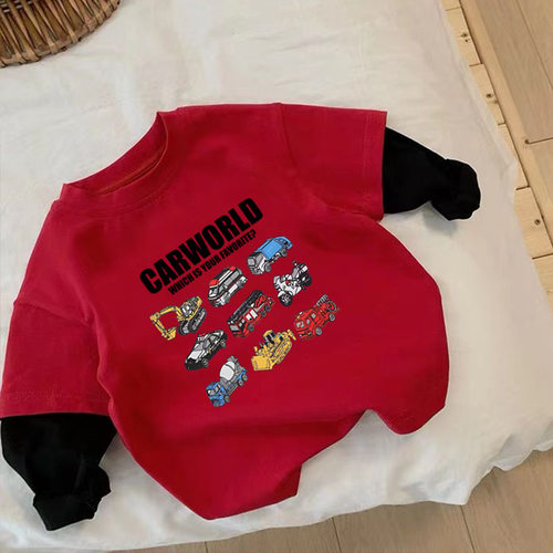 男童纯棉打底衫新年红色长袖T恤男宝汽车衣服宽松韩版假两件上衣 - 图1